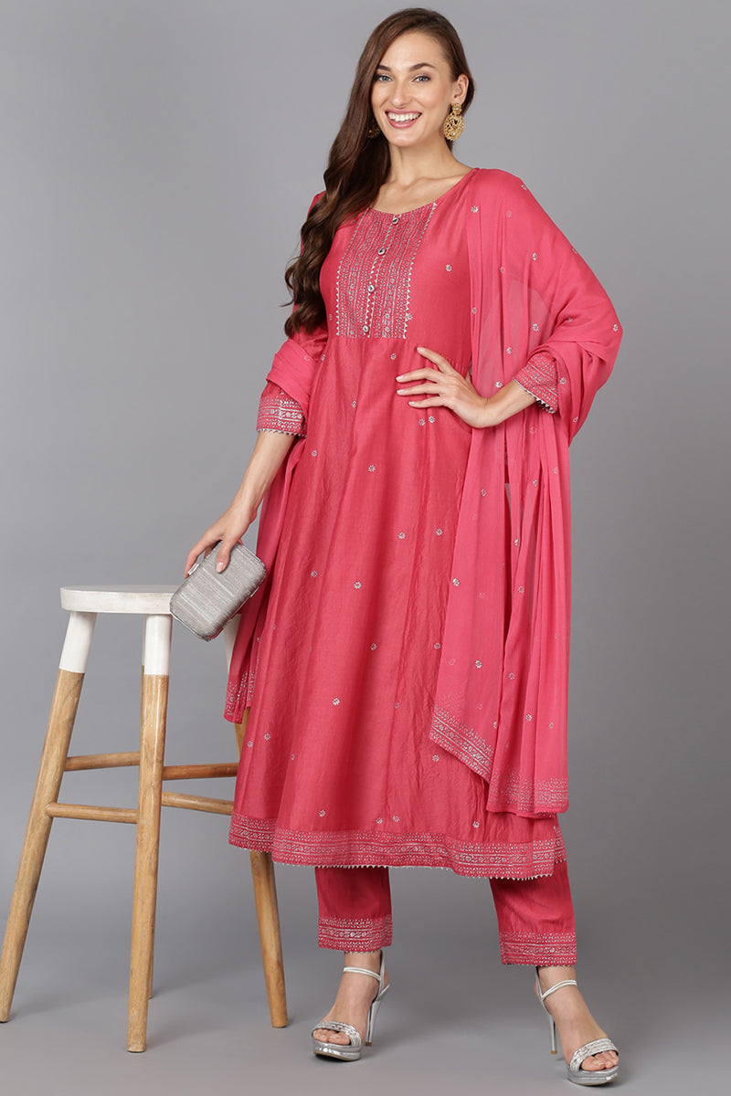 Women's Punch Pink Silk Blend Embroidered Party Wear-Ahika - Ahika