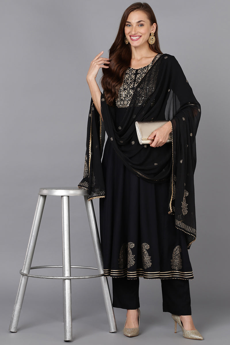 Women's Black Silk Blend Anarkali Yoke Design Kurta Pant With Dupatta - Ahika
