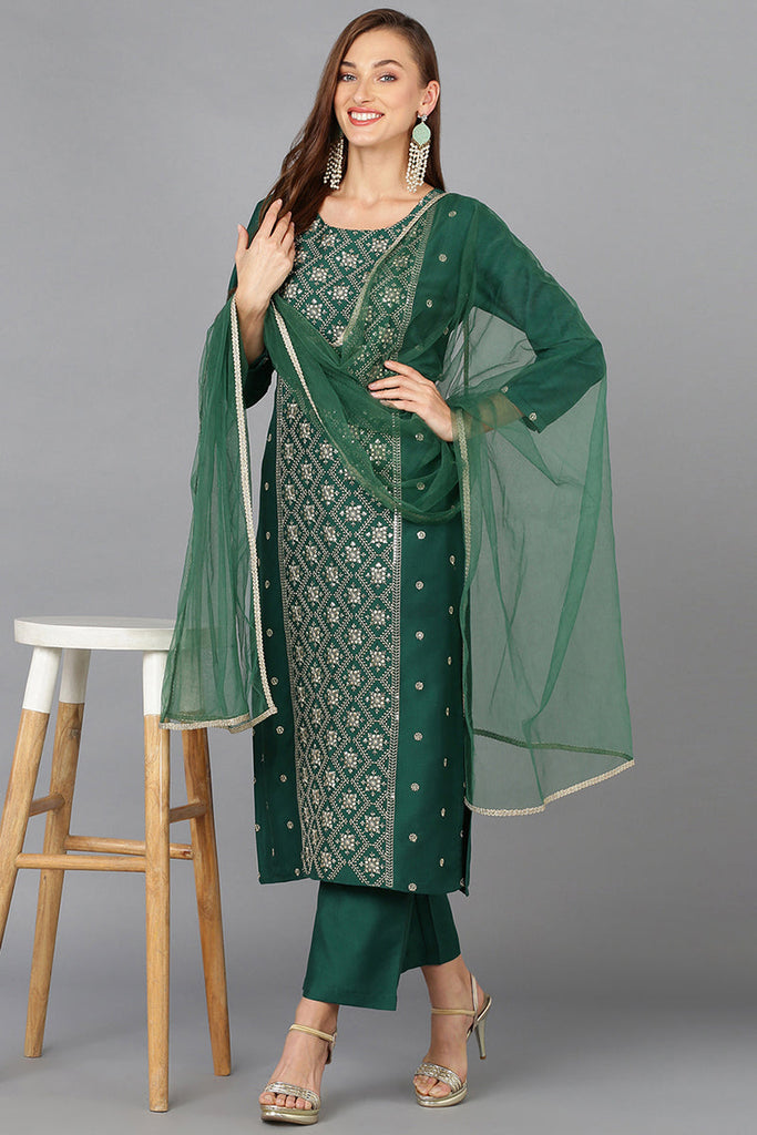 Women's Dark Green Silk Blend Embroidered Party Wear-Ahika