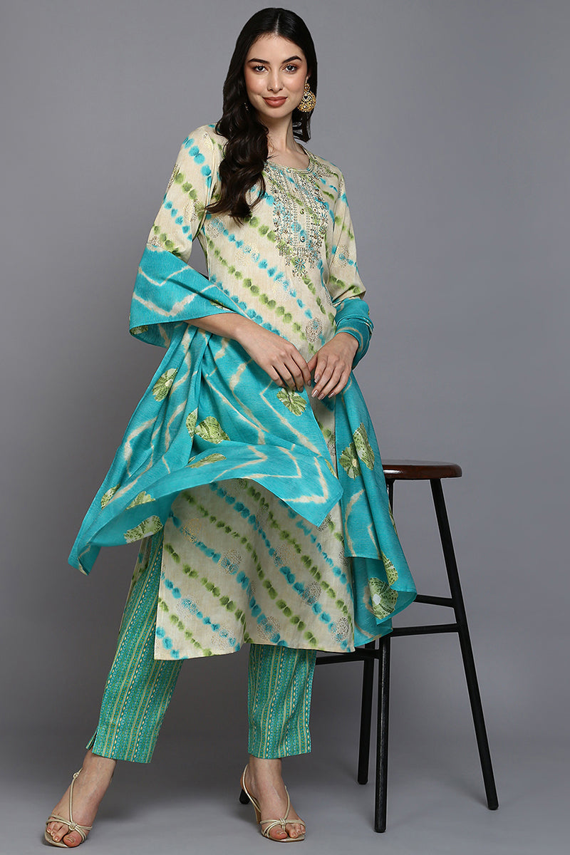 Women's Silk Blend Ivory Embroidered Kurta Pant With Dupatta - Ahika