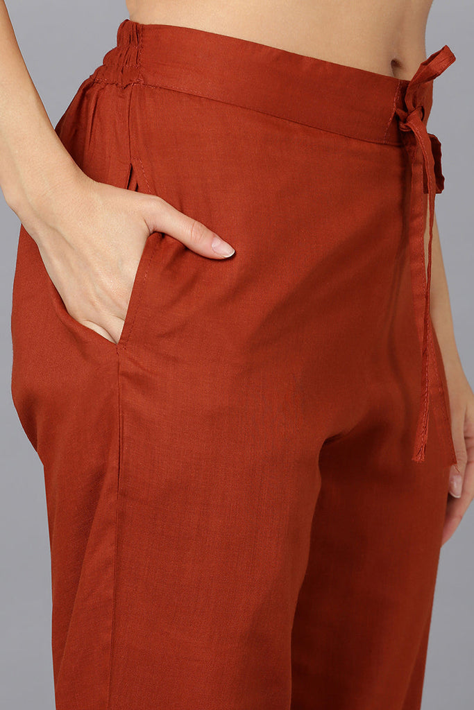 Women's Burnt-Orange Cotton Straight Kurta Pant With Dupatta