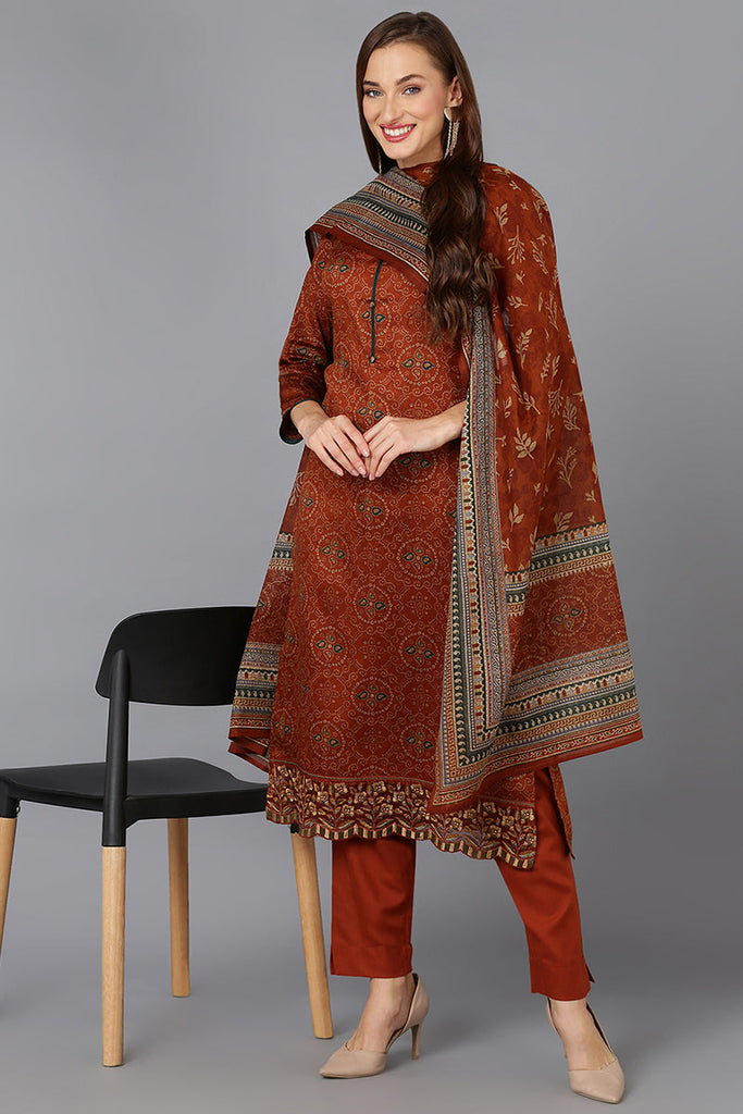 Women's Burnt-Orange Cotton Straight Kurta Pant With Dupatta