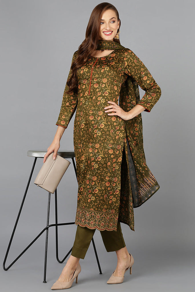 Women's Olive Green Cotton Straight Kurta Pant With Dupatta