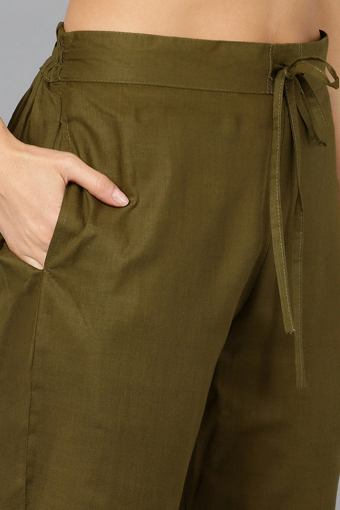 Women's Olive Green Cotton Straight Kurta Pant With Dupatta