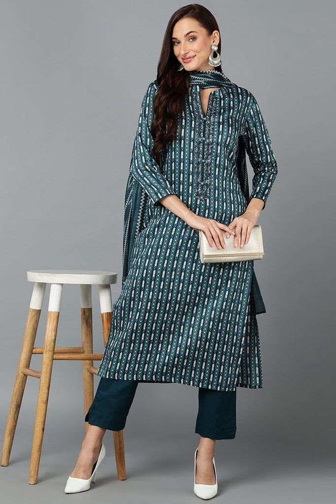 Women's Silk Blend Teal Straight Kurta Pant With Dupatta