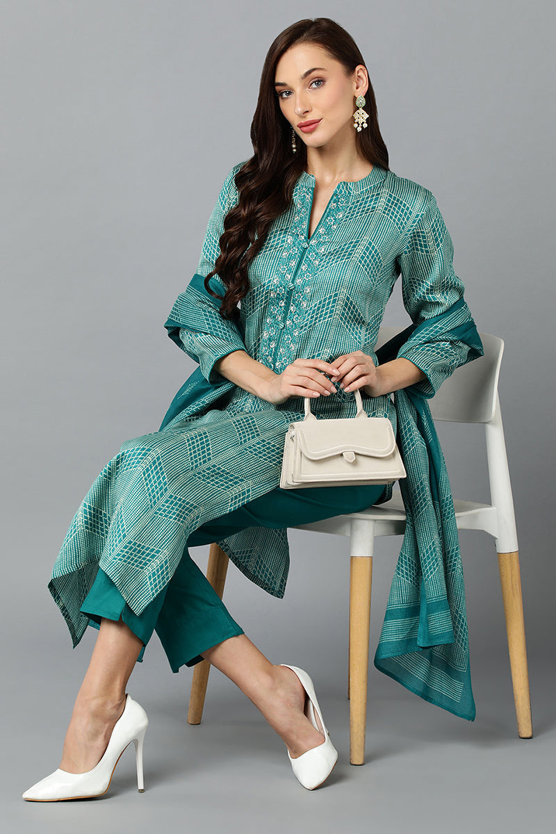 Women's Silk Blend Rama Green Straight Kurta Pant With Dupatta  - Ahika