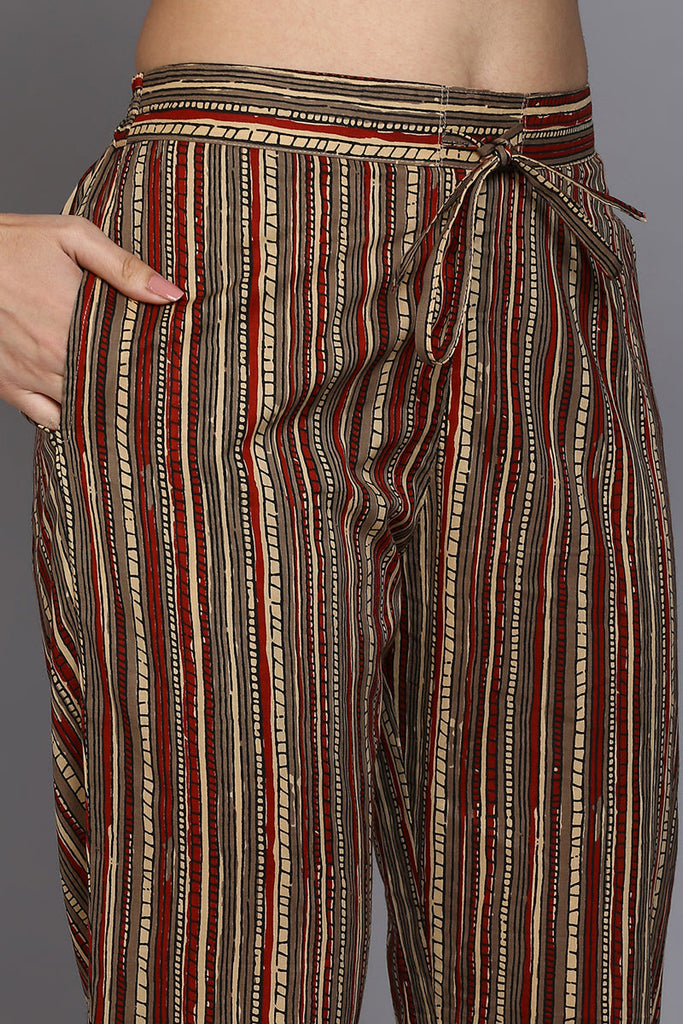 Women's Cotton Beige Printed Straight Kurta Pant With Dupatta