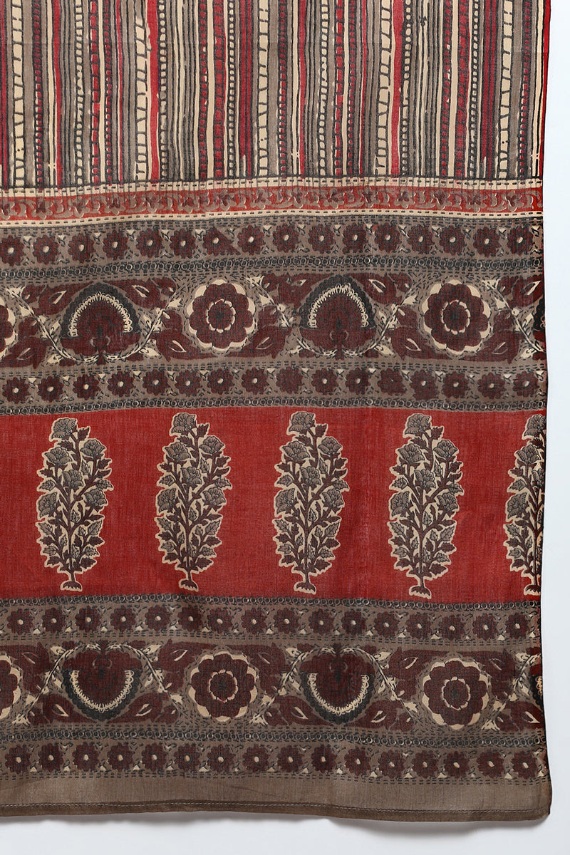 Women's Cotton Beige Printed Straight Kurta Pant With Dupatta - Ahika