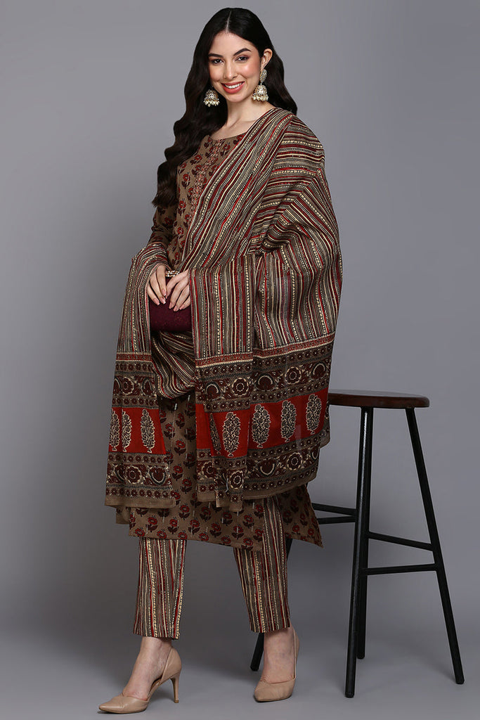 Women's Cotton Beige Printed Straight Kurta Pant With Dupatta