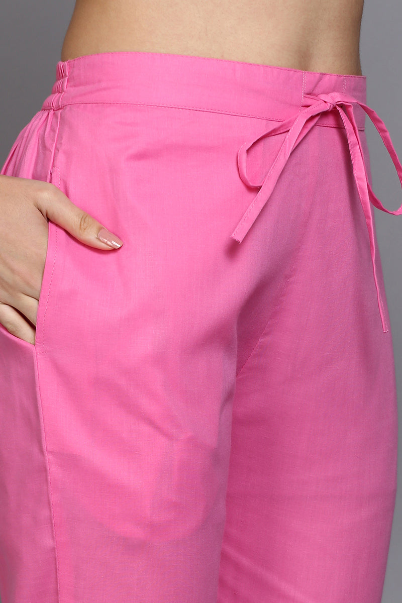 Women's Cotton Pink Printed Straight Kurta Pant With Dupatta - Ahika