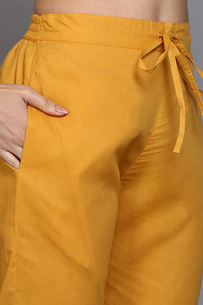 Women's Cotton Mustard Printed Straight Kurta Pant With Dupatta - Ahika