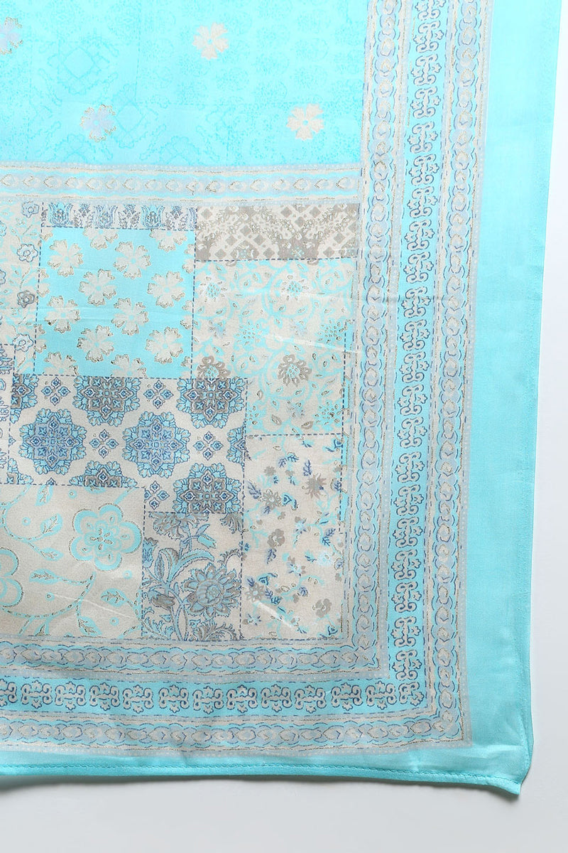 Women's Cotton Blue Printed Straight Kurta Pant With Dupatta - Ahika