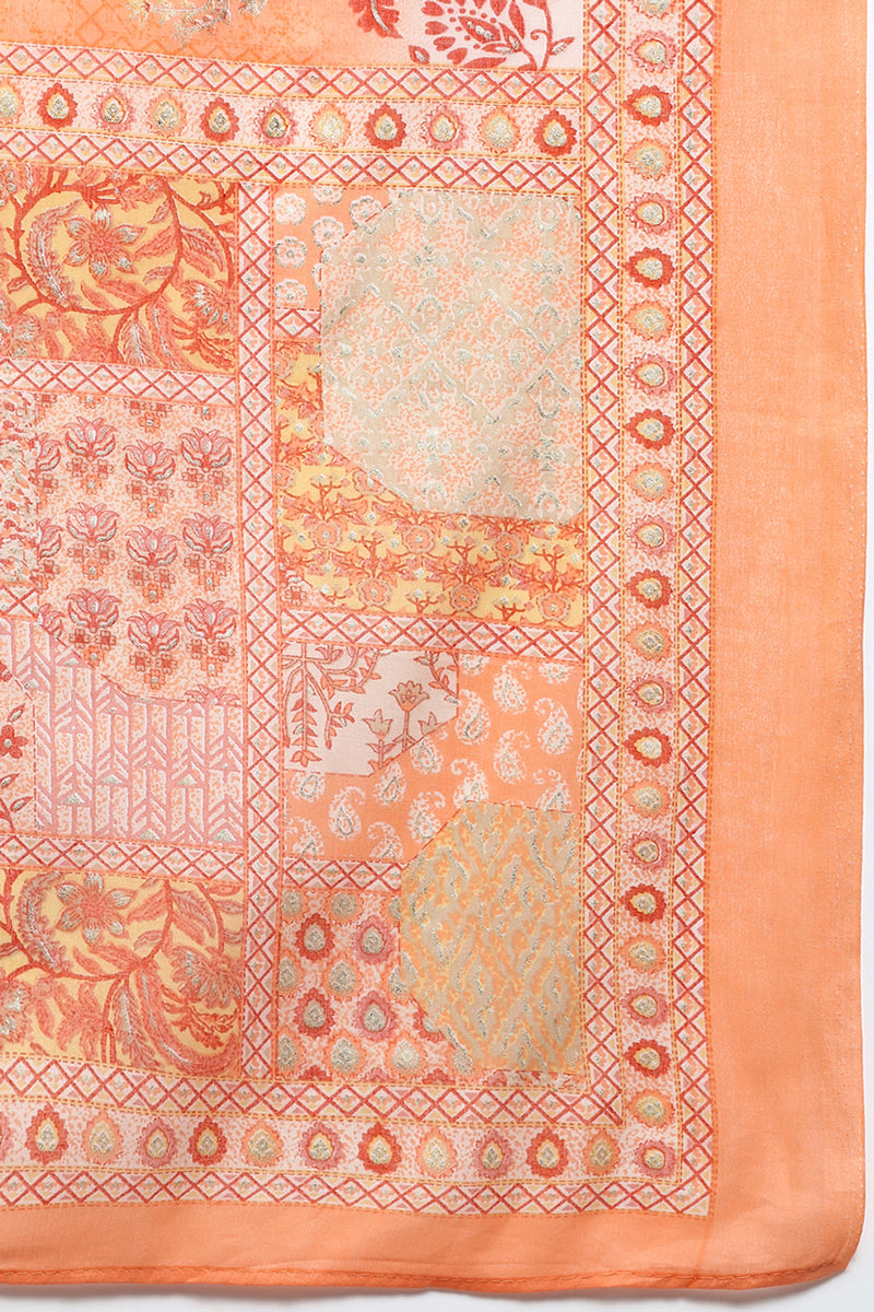 Women's Cotton Peach Printed Straight Kurta Pant With Dupatta - Ahika
