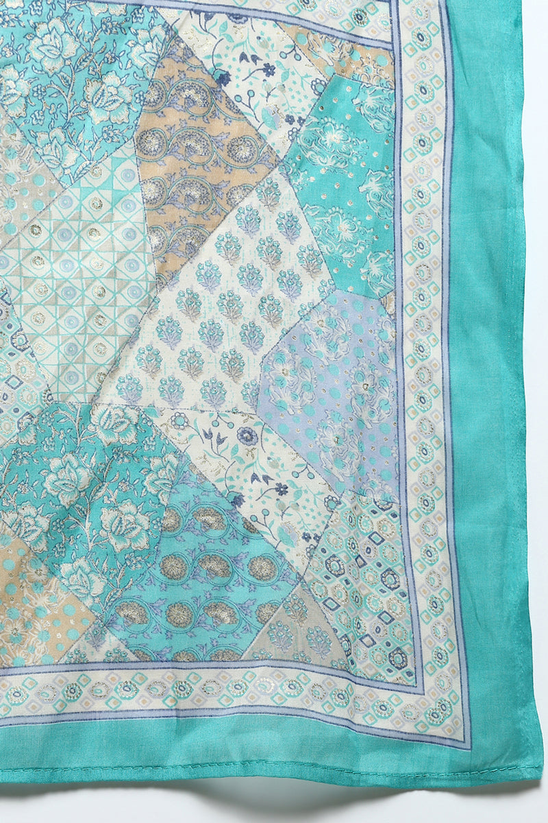 Women's Cotton Aqua Green Printed Straight Kurta Pant With Dupatta - Ahika