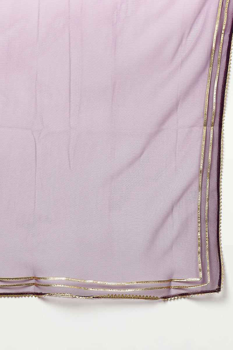 Women's Silk Blend Purple Embroidered Flared Kurta Pant With Dupatta - Ahika