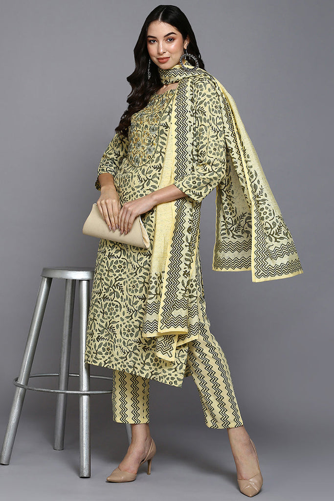 Women's Silk Blend Yellow Printed Straight Kurta Pant With Dupatta