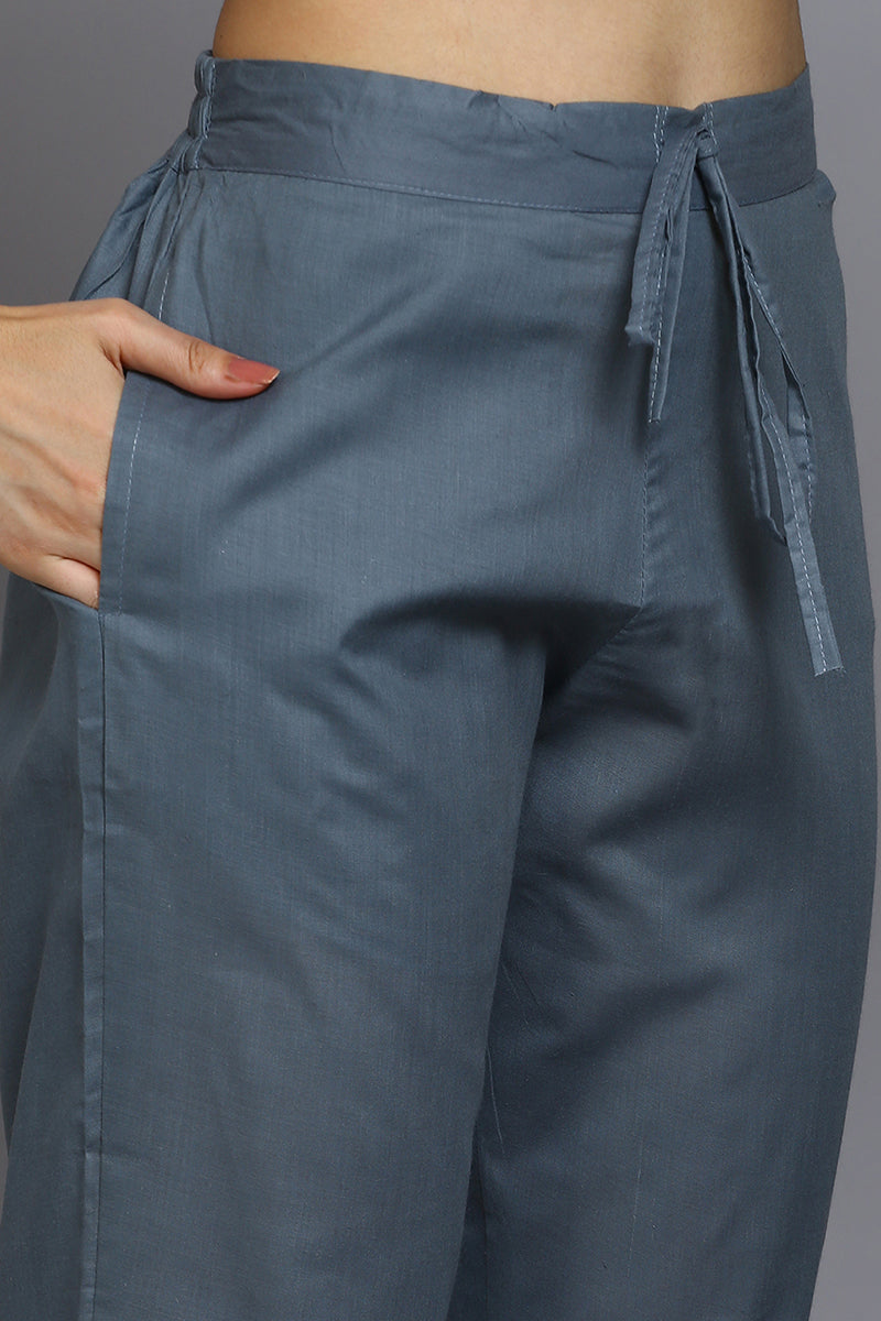 Women's Cotton Grey Embroidered Straight Kurta Pant With Dupatta - Ahika