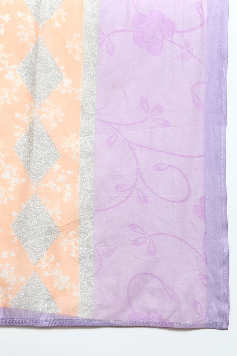 Women's Cotton Blend Lavender Printed Straight Kurta Pant With Dupatta - Ahika