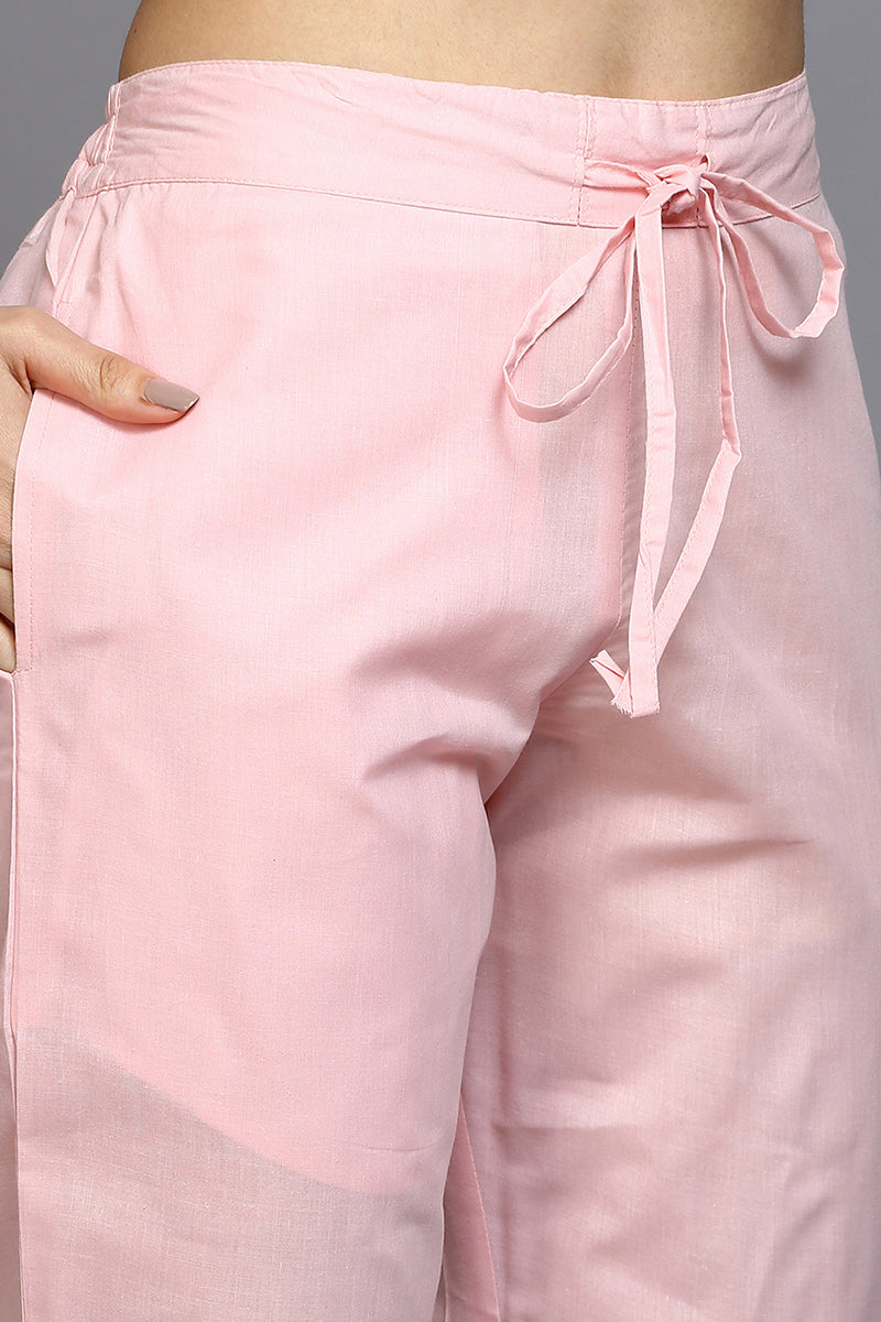 Women's Cotton Blend Pink Printed Straight Kurta Pant With Dupatta - Ahika