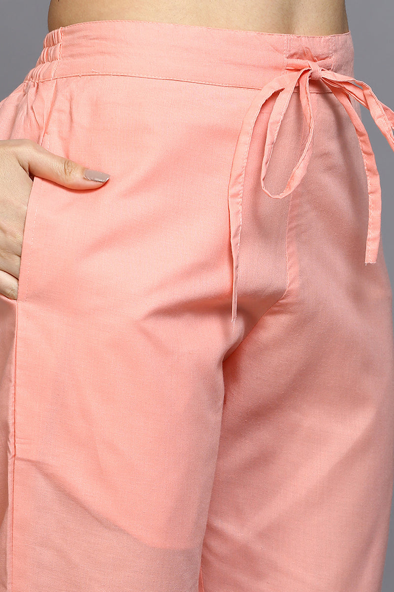 Women's Cotton Blend Peach Printed Straight Kurta Pant With Dupatta - Ahika