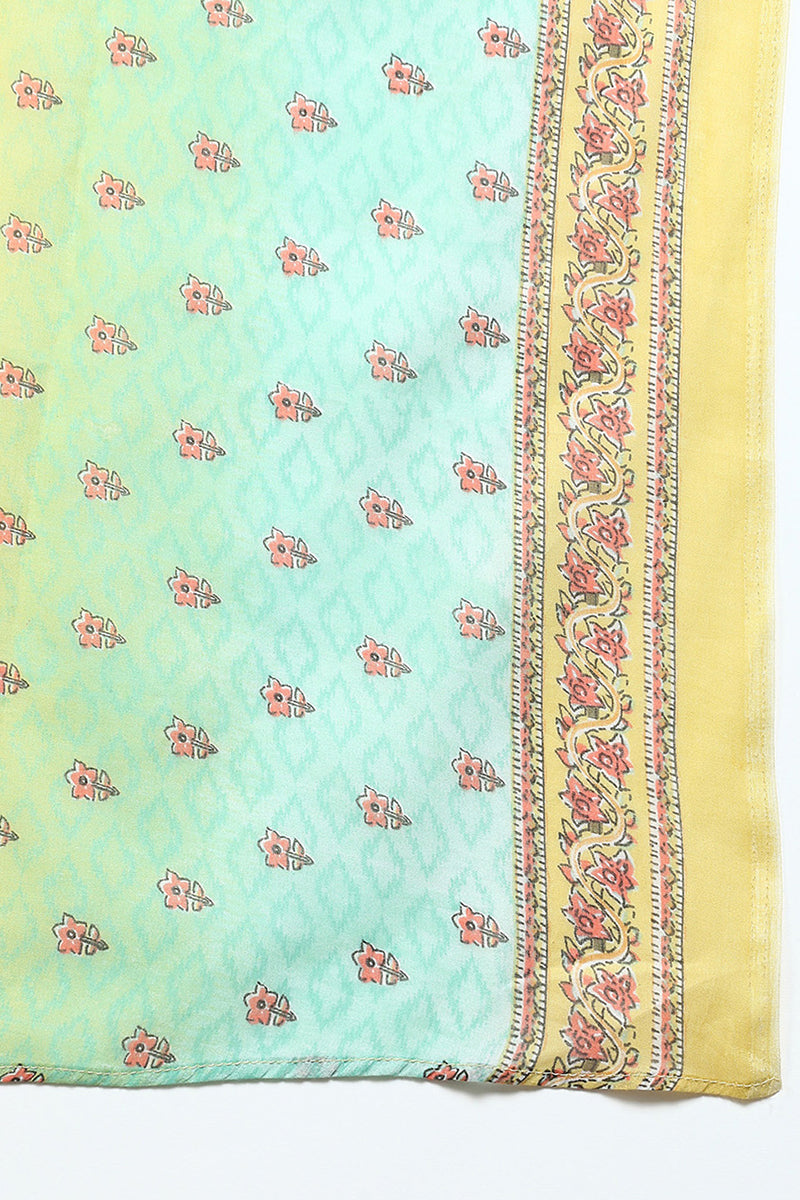 Women's Cotton Blend Yellow Printed Straight Kurta Pant With Dupatta - Ahika