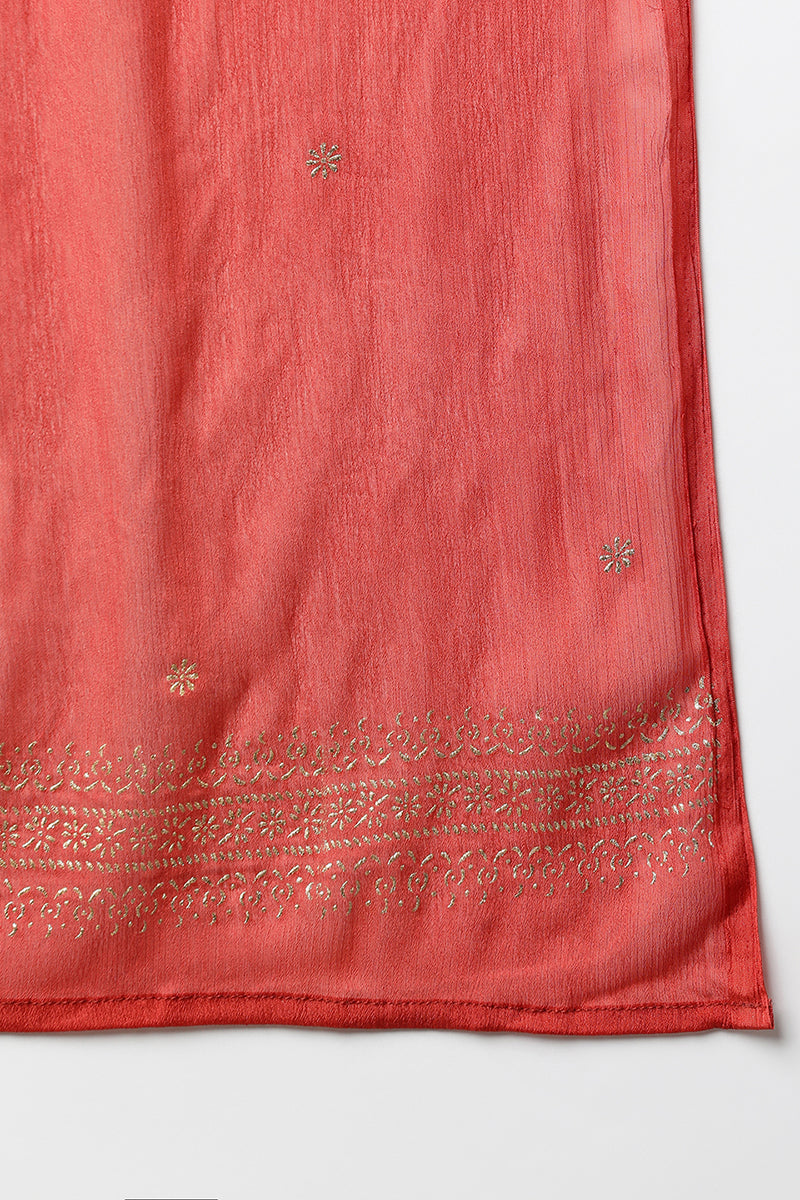 Women's Silk Blend Rust Orange Rogan Work Flared Kurta Pant With Dupatta - Ahika