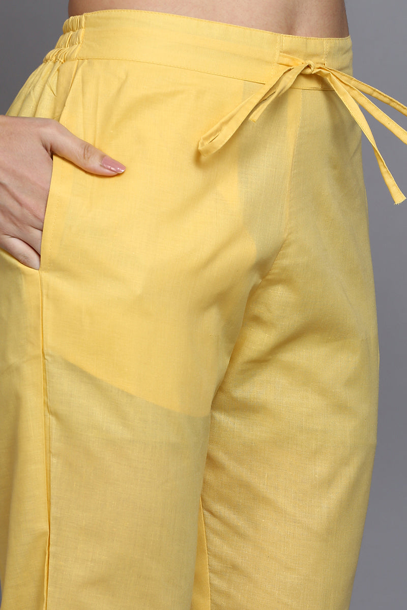Women's Cotton Yellow Printed Straight Kurta Pant With Dupatta - Ahika