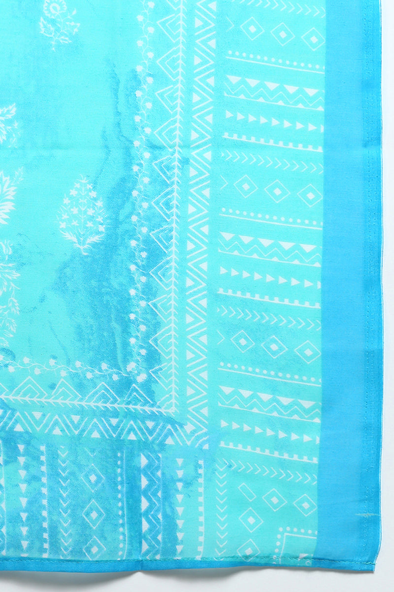 Women's Cotton Turquoise Blue Straight Kurta Pant With Dupatta - Ahika