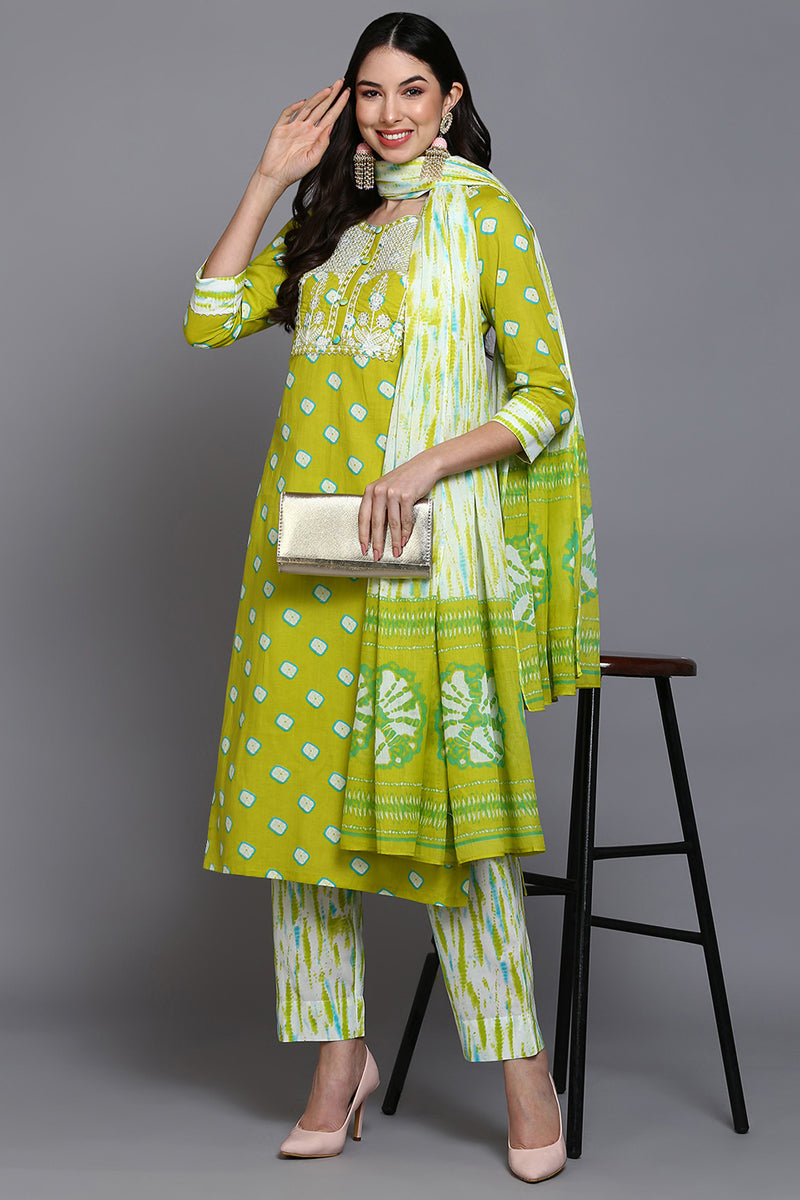 Women's Cotton Green Bandhani Printed Straight Kurta Pant With Dupatta - Ahika