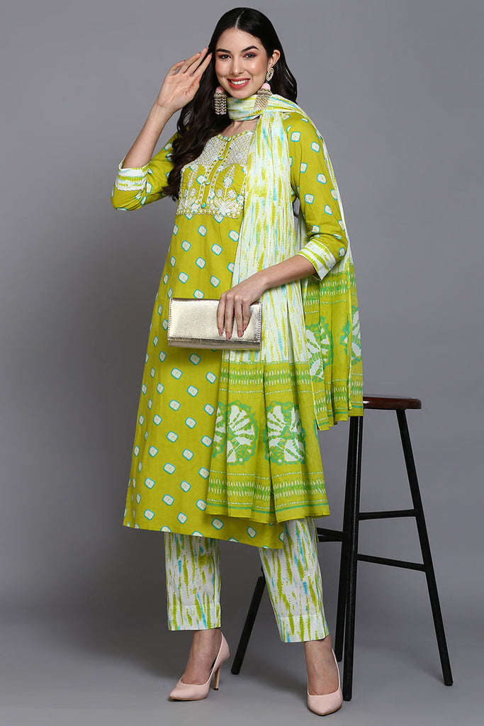 Women's Cotton Green Bandhani Printed Straight Kurta Pant With Dupatta