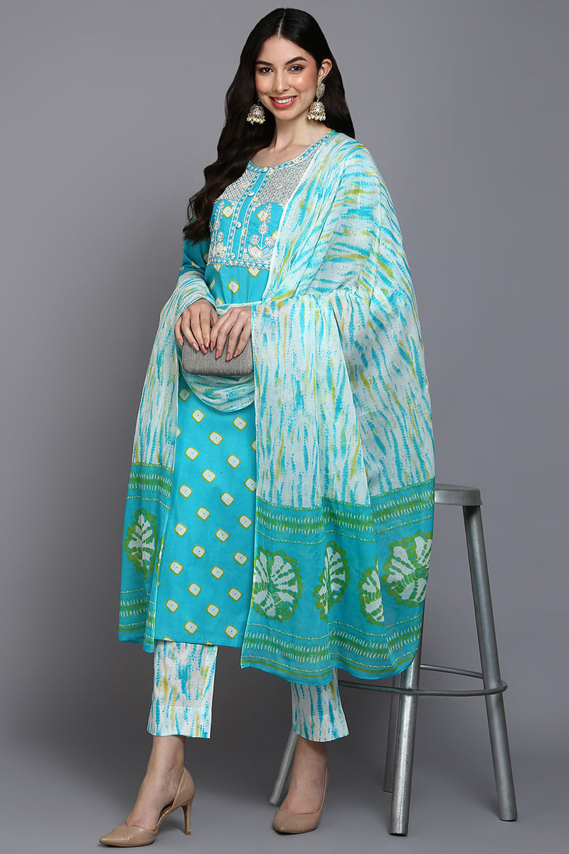 Women's Cotton Blue Bandhani Printed Straight Kurta Pant With Dupatta - Ahika