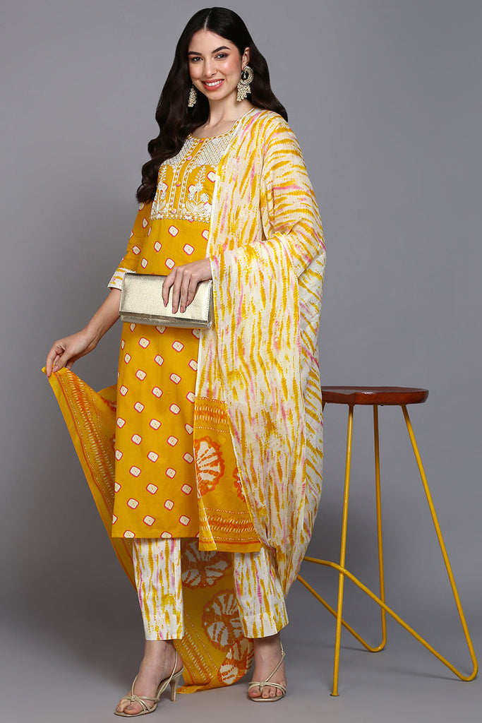 Women's Cotton Yellow Bandhani Printed Straight Kurta Pant With Dupatta