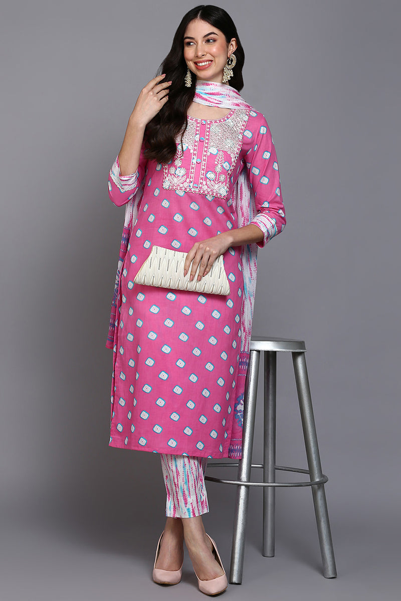 Women's Cotton Pink Bandhani Printed Straight Kurta Pant With Dupatta - Ahika