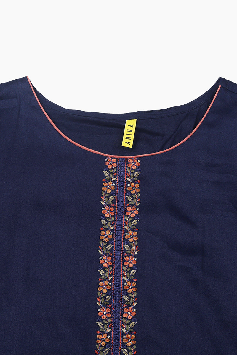 Women's Cotton Navy Blue Embroidered Straight Kurta Pant With Dupatta - Ahika