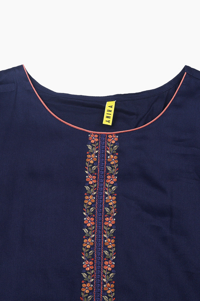 Women's Cotton Navy Blue Embroidered Straight Kurta Pant With Dupatta