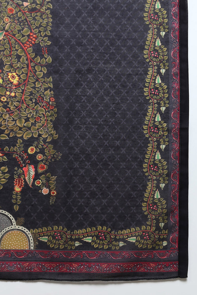 Women's Cotton Black Embroidered Straight Kurta Pant With Dupatta - Ahika