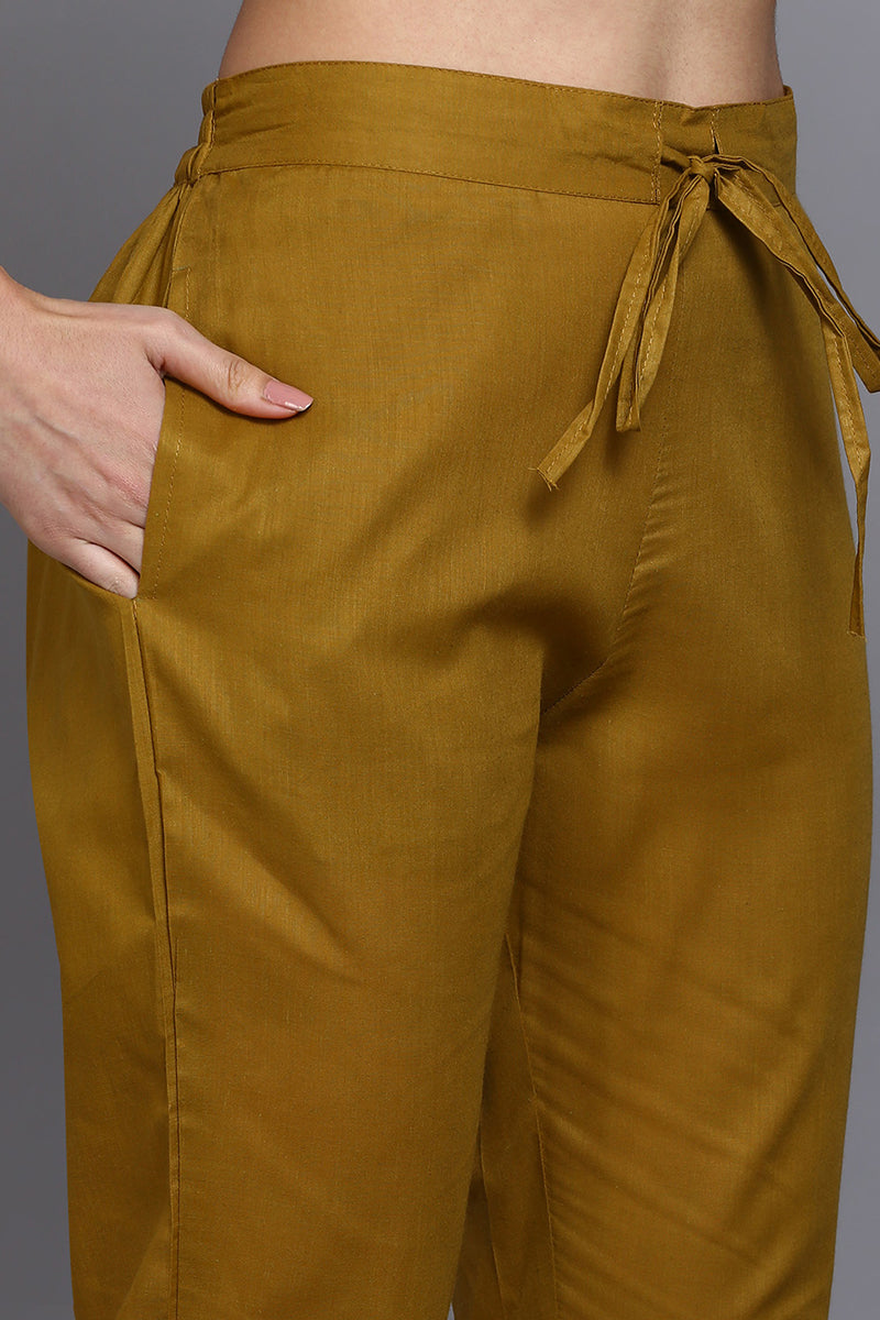 Women's Cotton Olive Embroidered Straight Kurta Pant With Dupatta - Ahika