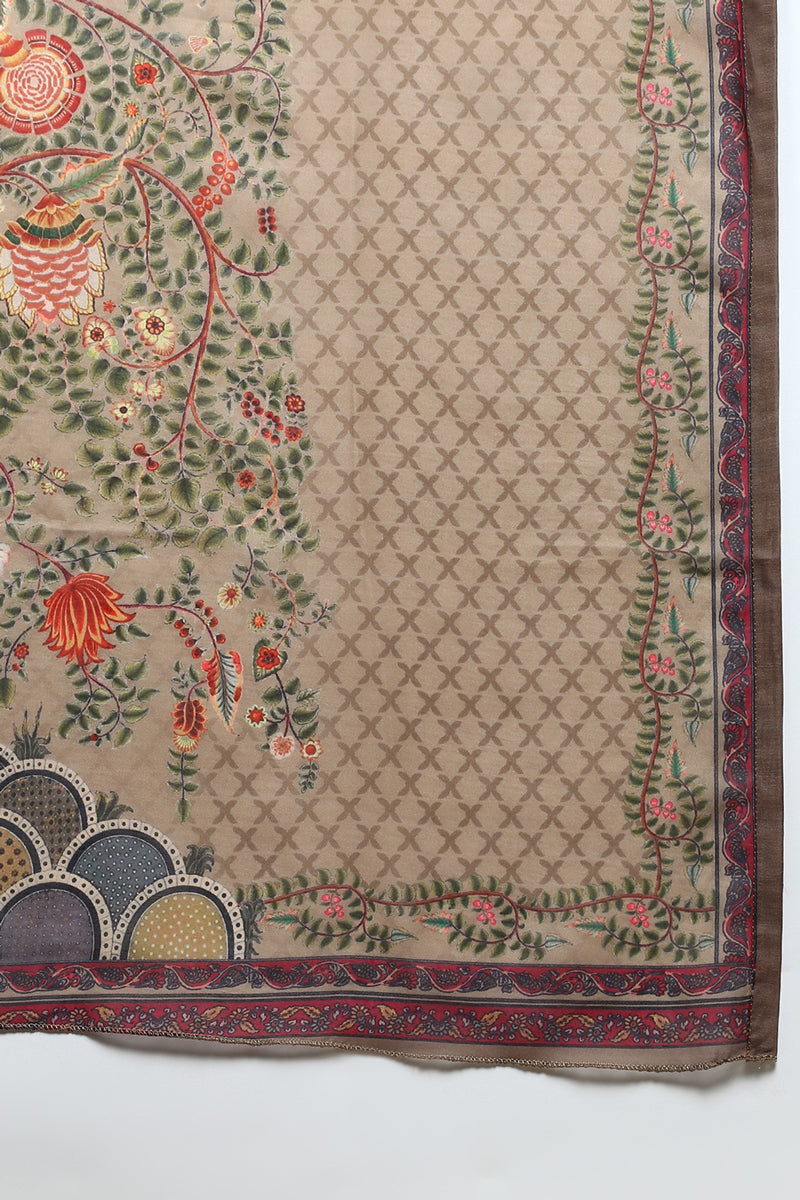 Women's Cotton Khaki Embroidered Straight Kurta Pant With Dupatta - Ahika