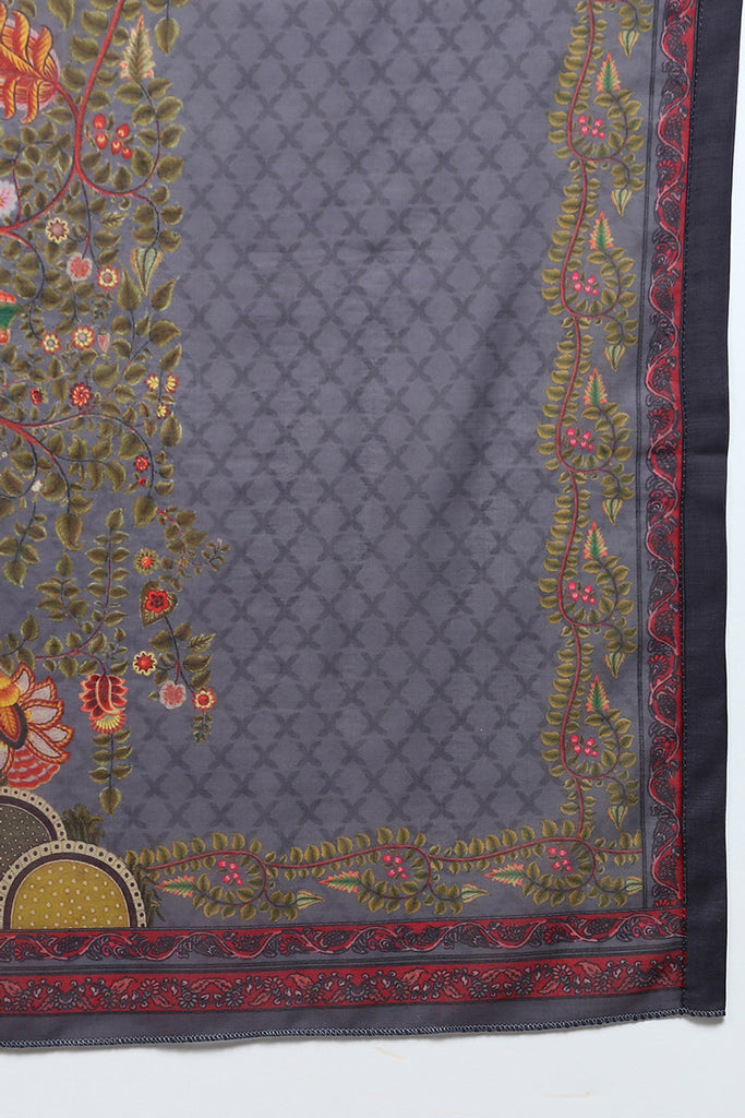 Women's Cotton Grey Embroidered Straight Kurta Pant With Dupatta