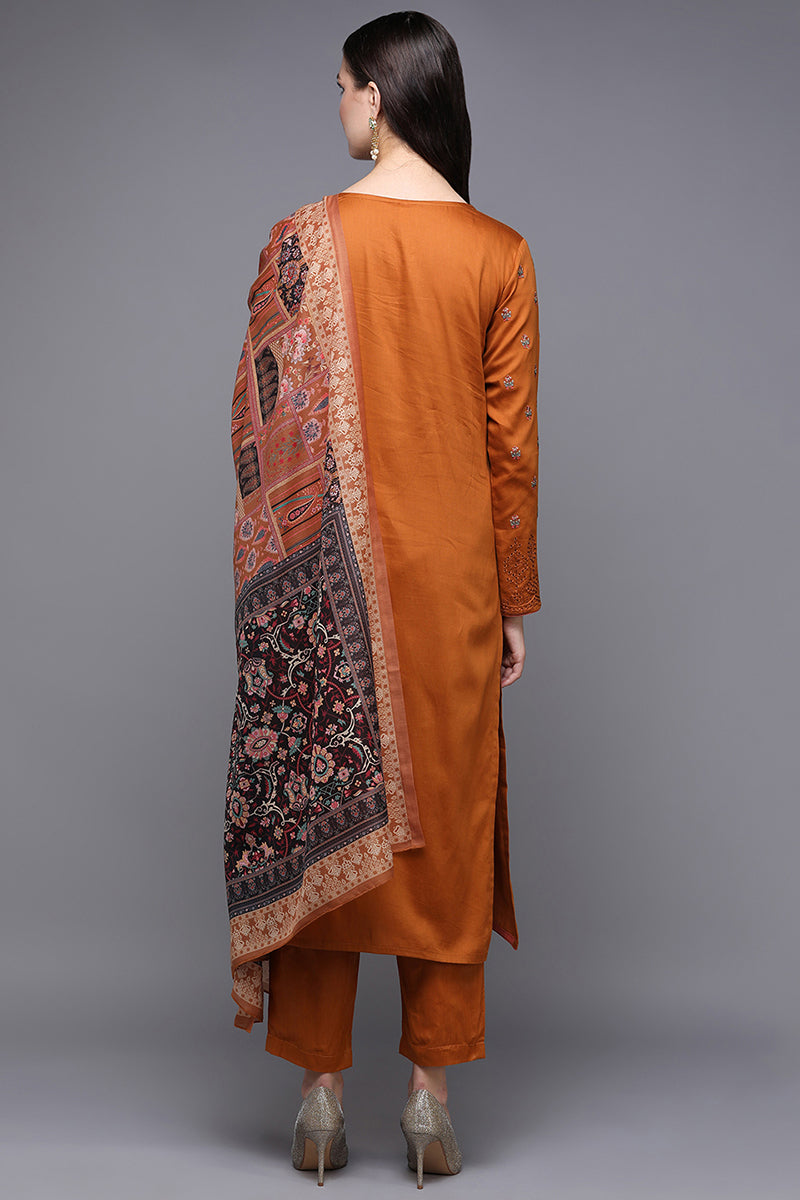 Women's Cotton Orange Embroidered Straight Kurta Pant With Dupatta - Ahika