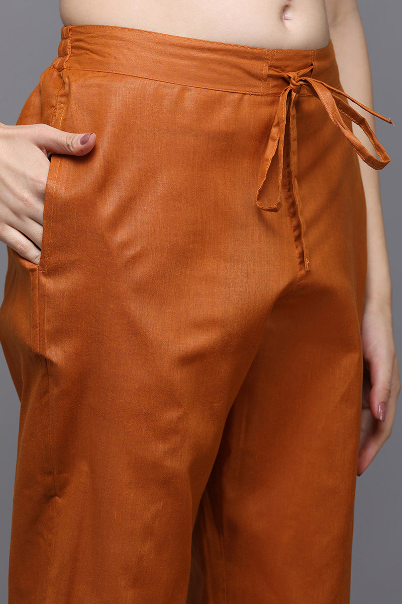 Women's Cotton Orange Embroidered Straight Kurta Pant With Dupatta - Ahika