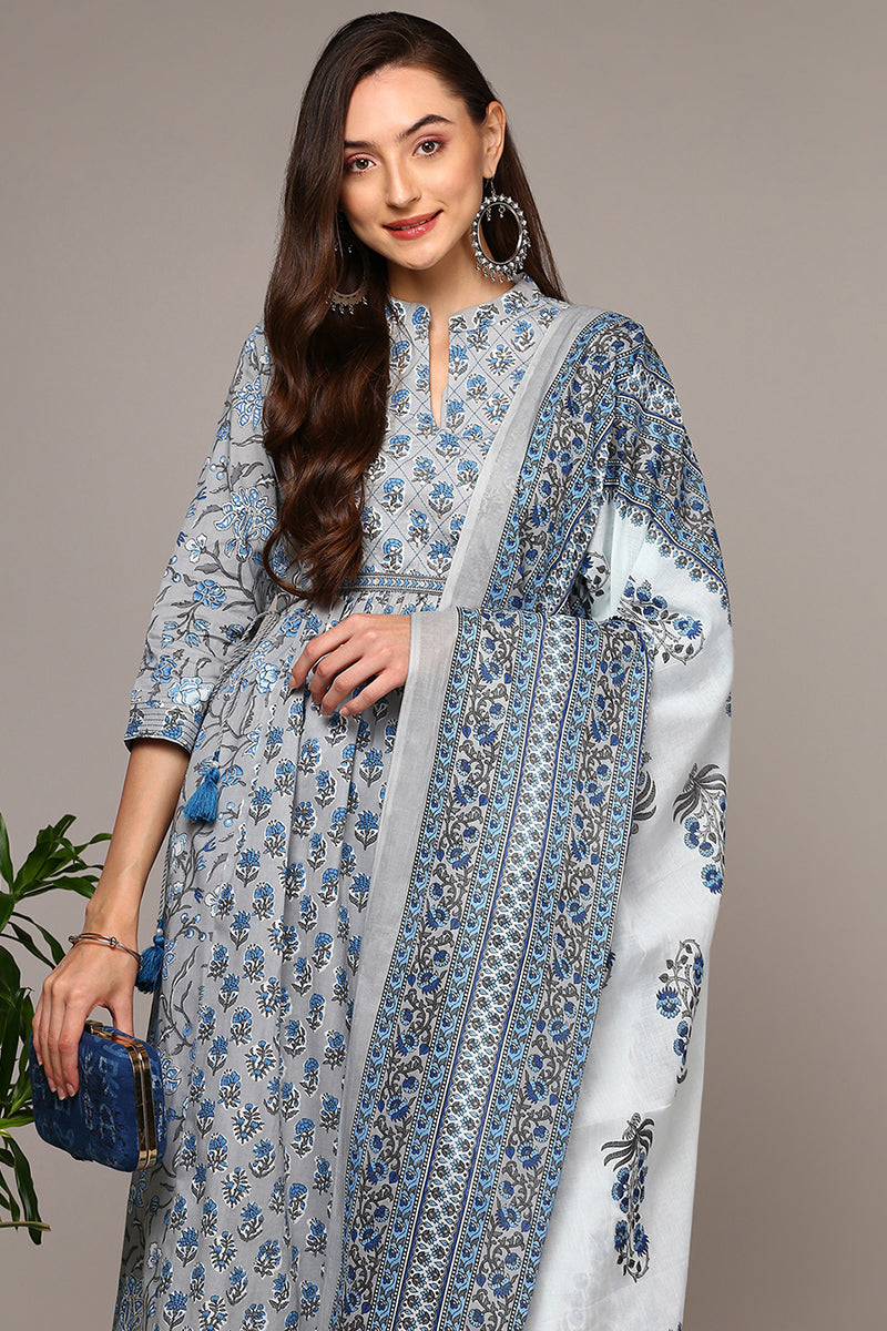 Women's Grey Pure Cotton Printed Flared Suit Set - Ahika