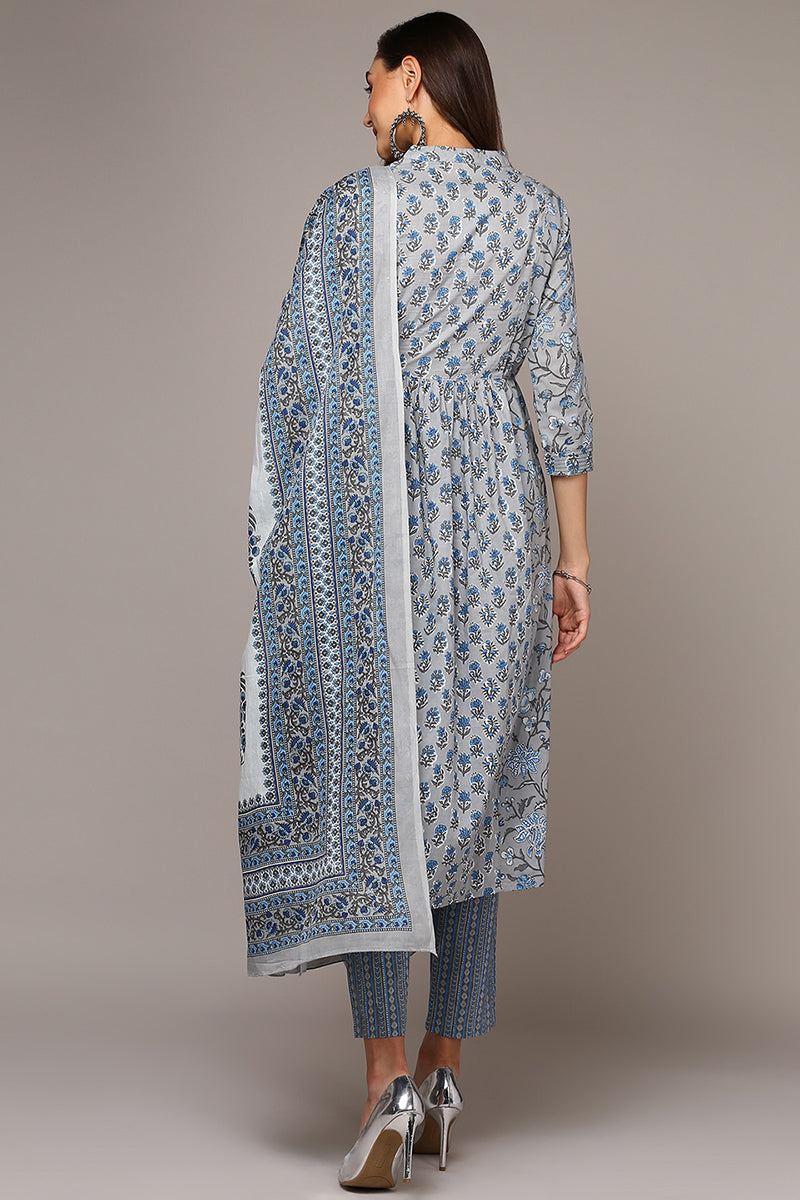Women's Grey Pure Cotton Printed Flared Suit Set - Ahika