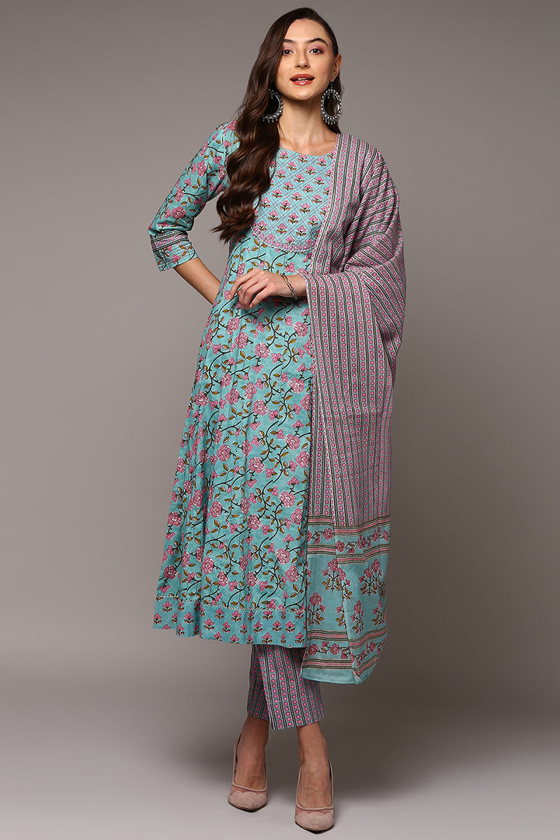 Women's Blue Pure Cotton Printed Flared Suit Set - Ahika