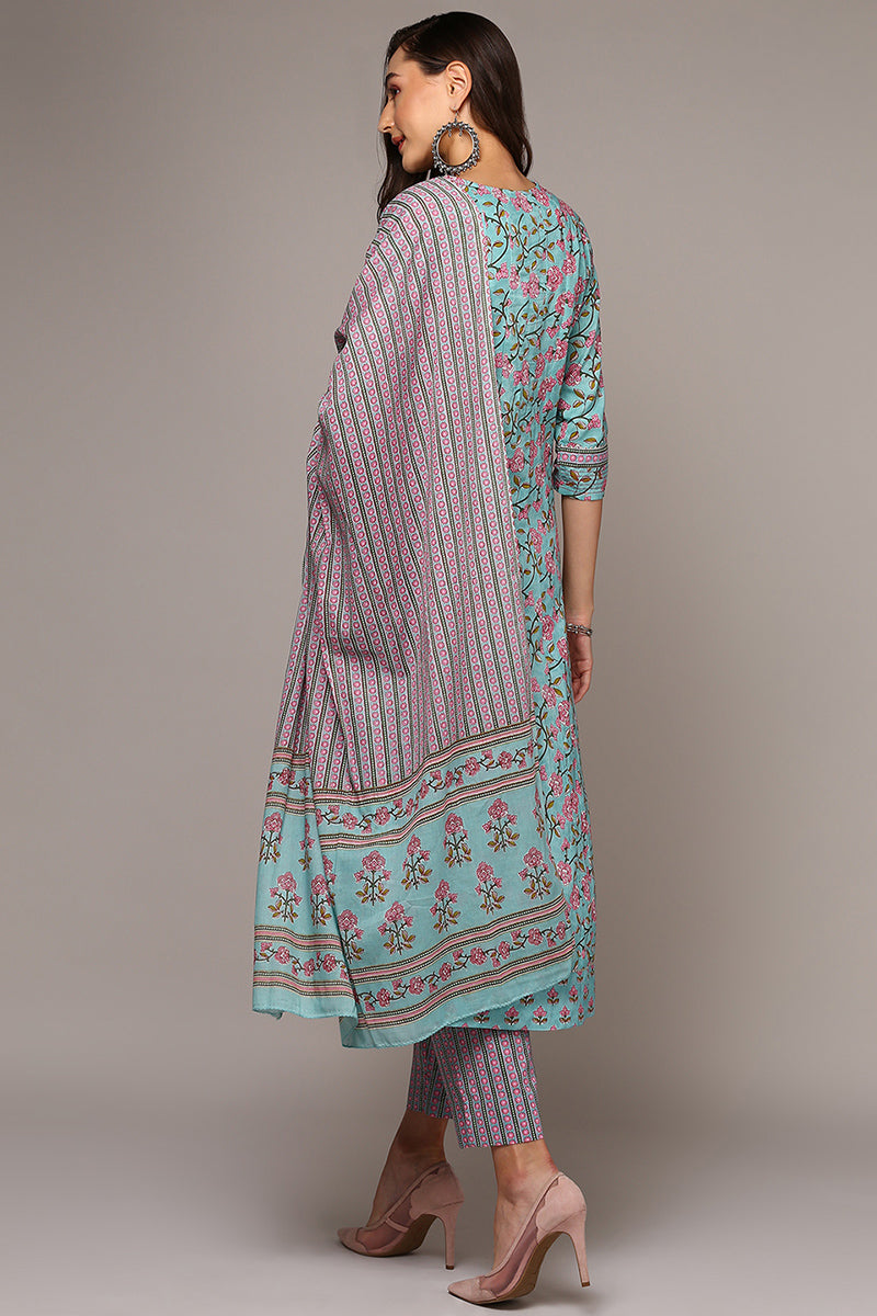 Women's Blue Pure Cotton Printed Flared Suit Set - Ahika