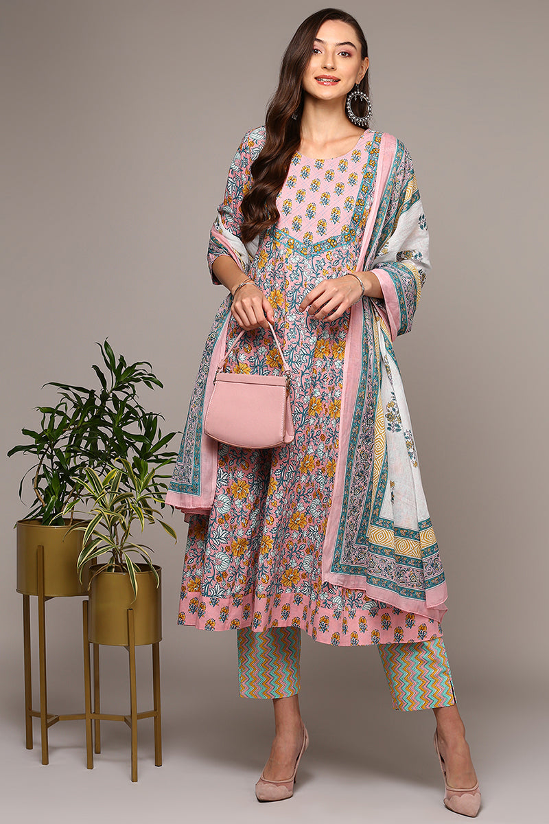 Women's Peach Pure Cotton Printed Flared Suit Set - Ahika