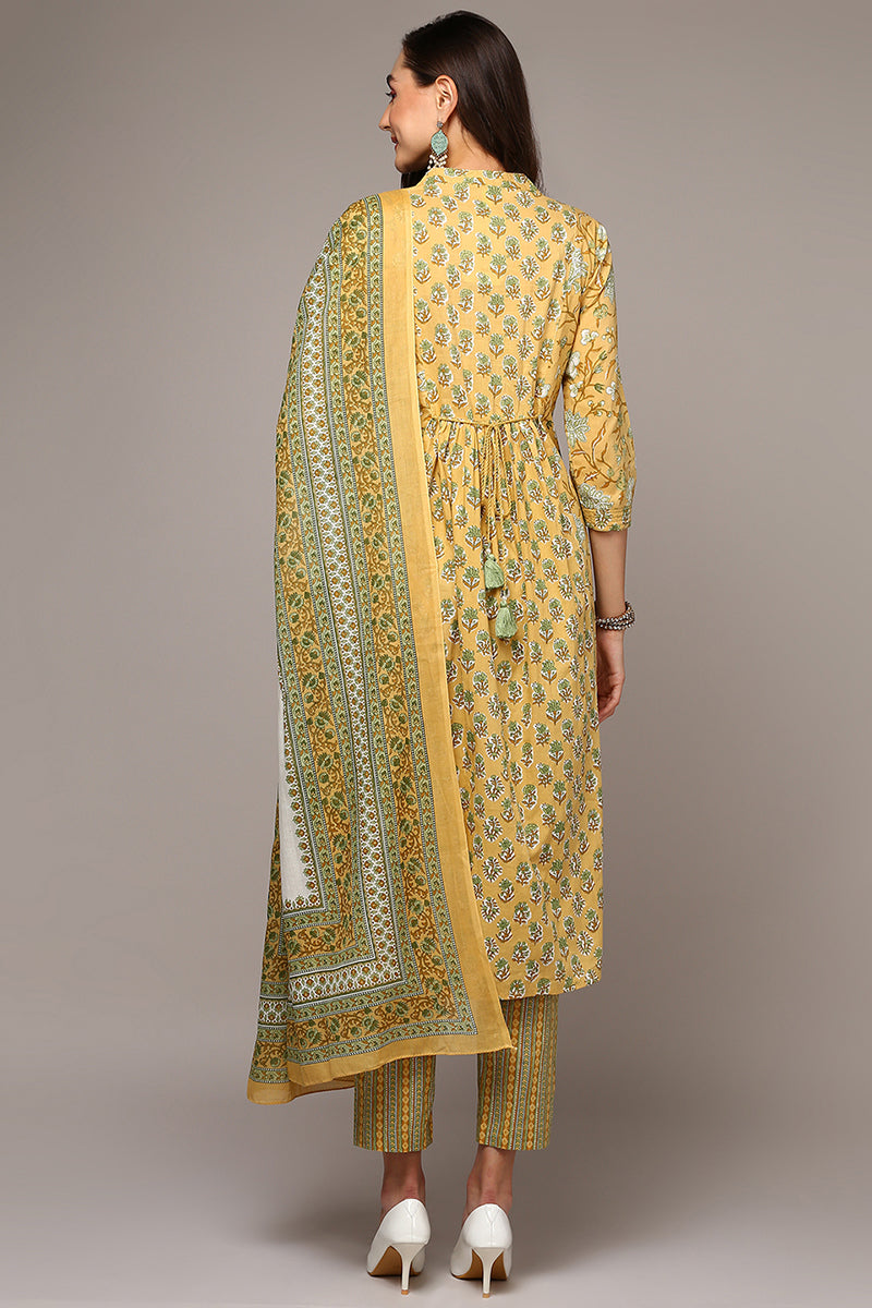 Women's Yellow Pure Cotton Printed Flared Suit Set - Ahika
