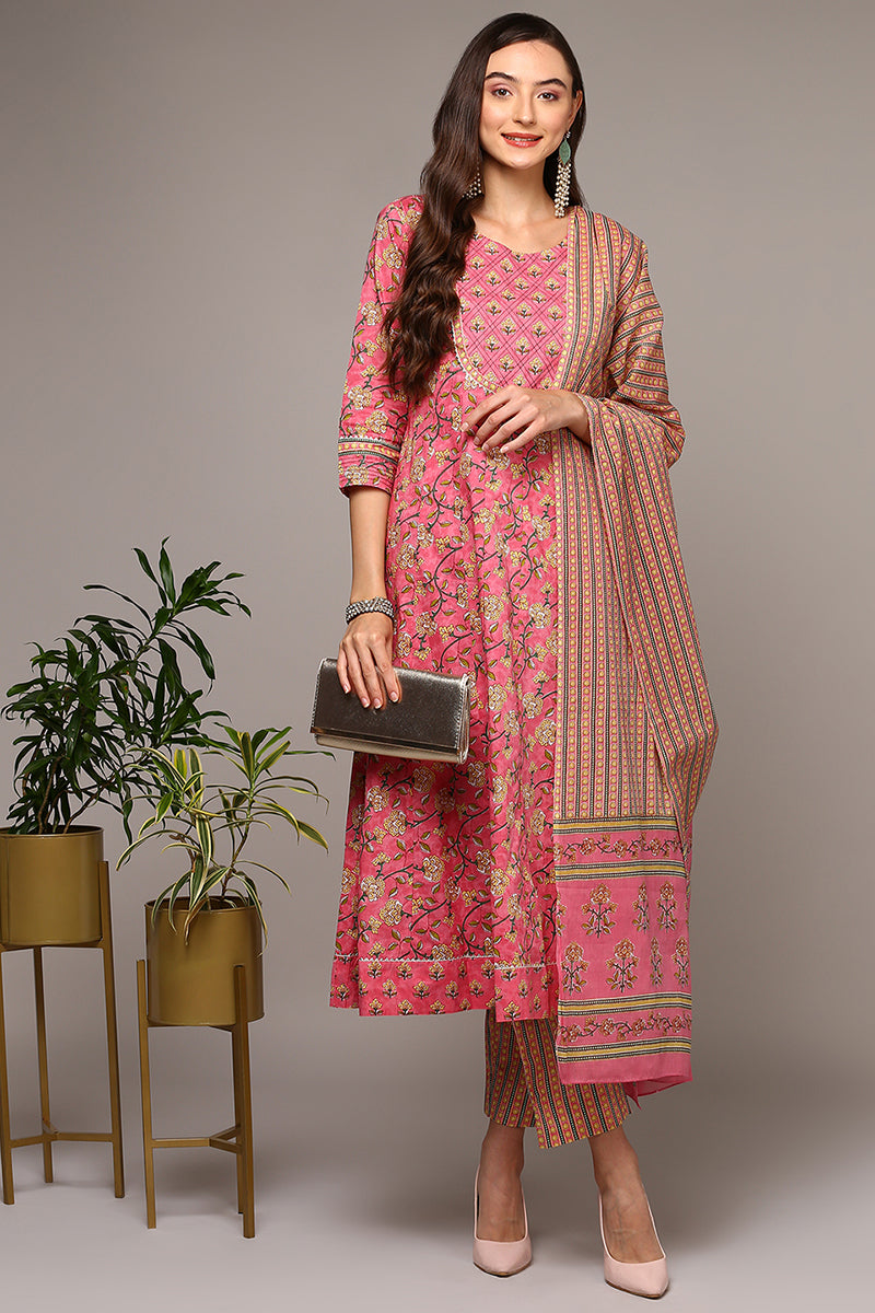 Women's Pink Pure Cotton Printed Flared Suit Set - Ahika