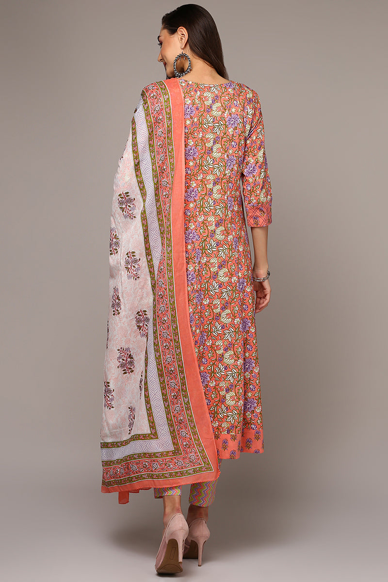 Women's Peach Pure Cotton Printed Flared Suit Set - Ahika