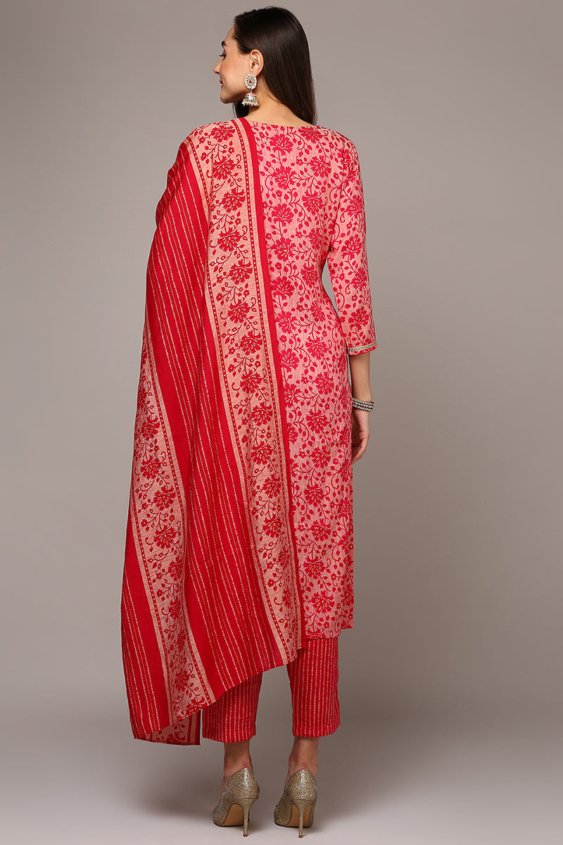 Women's Silk Blend Pink Printed Straight Kurta Pant With Dupatta - Ahika